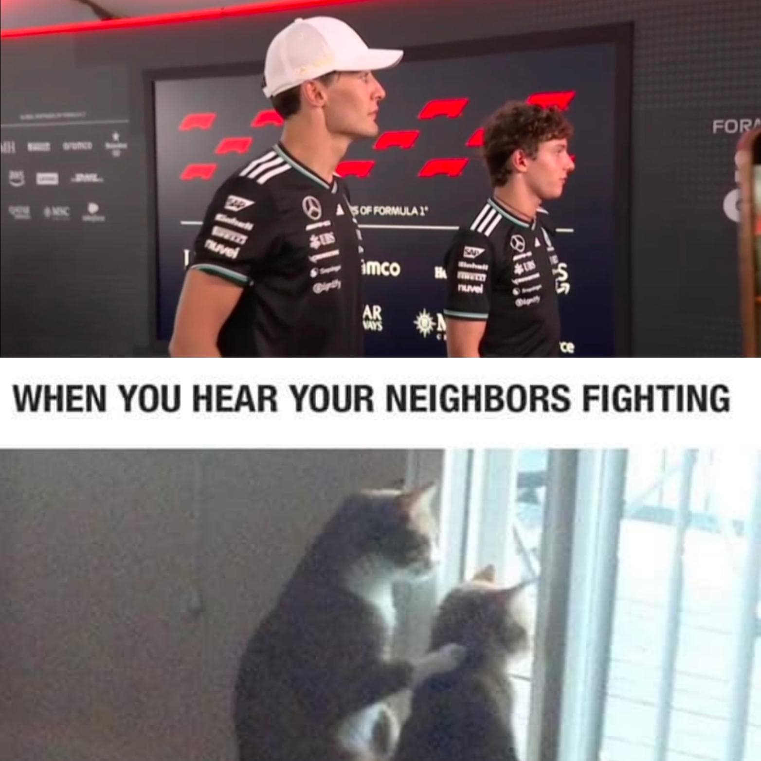 George and Kimi watching the McLaren lap 1 drama from the media pen